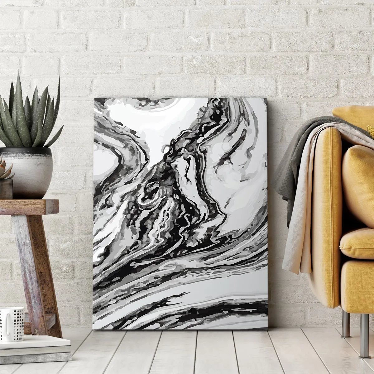 Obraz na płótnie - Abstrakcyjna kompozycja w czerni i bieli o dynamicznych liniach - 50x70cm - Na poczatku był chaos - Nowoczesna dekoracja ścienna do salonu, kuchni i sypialni ARTTOR
