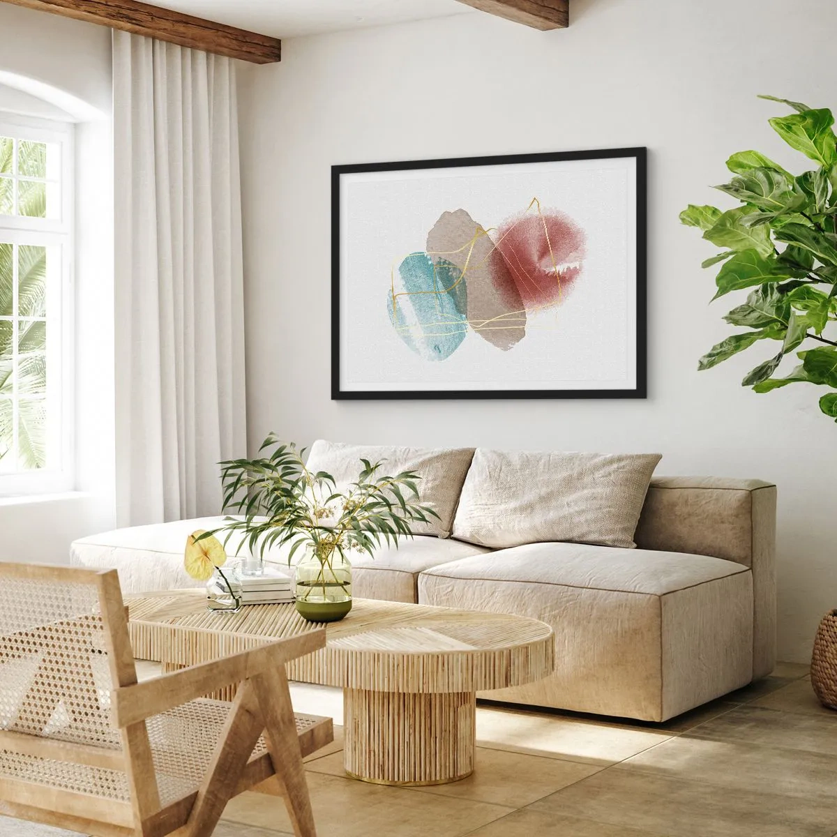 Plakat w czarnej ramie - Abstrakcyjne formy z delikatnymi kolorami i złotymi liniami - 70x50cm - Korale przestrzeni - Nowoczesna dekoracja ścienna do salonu i sypialni ARTTOR