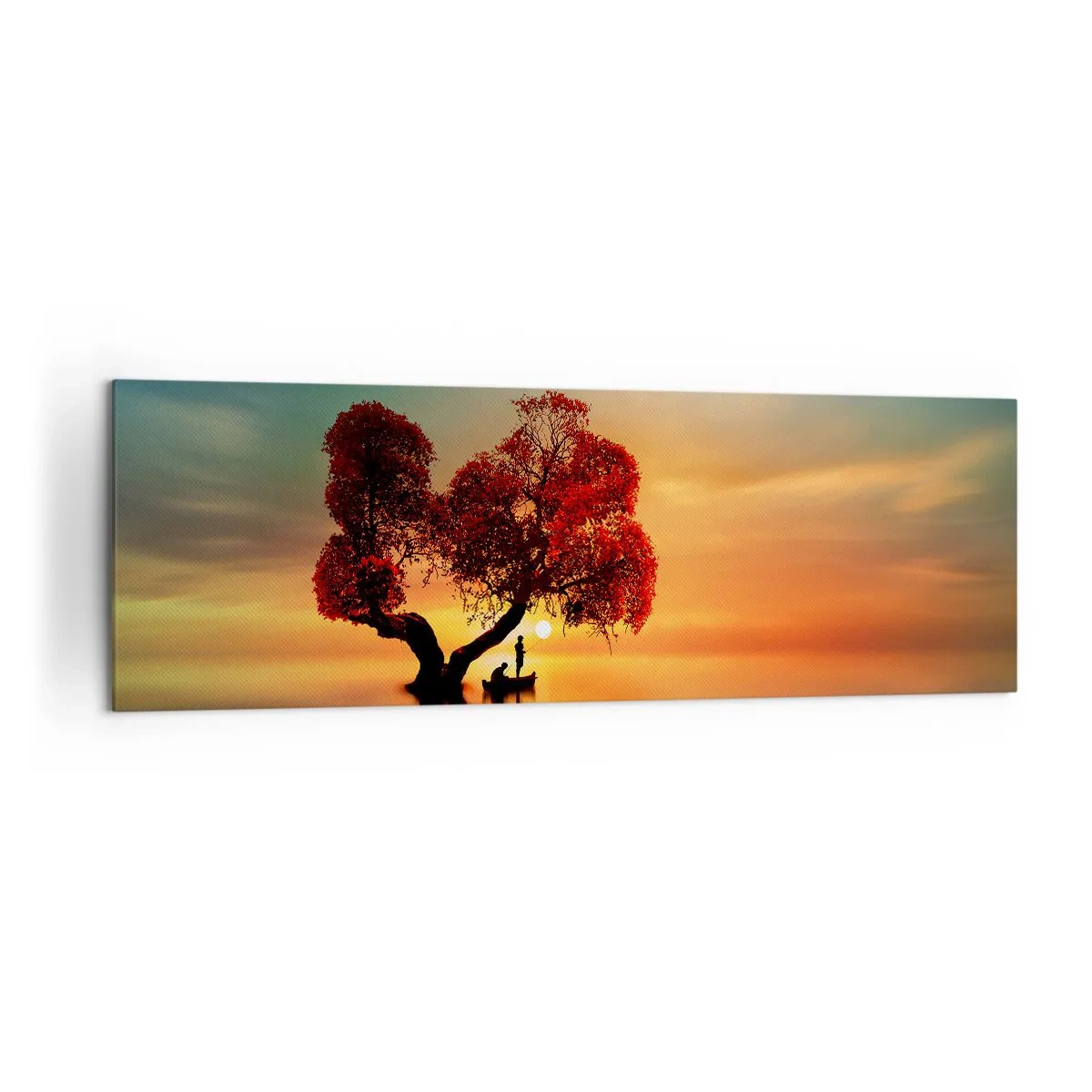 Obraz na płótnie - Drzewo o czerwonych liściach i łódź na wodzie o zachodzie słońca - 160x50cm - Oddaleńcy i ciszyzna bezświata - Nowoczesna dekoracja ścienna do salonu i sypialni ARTTOR