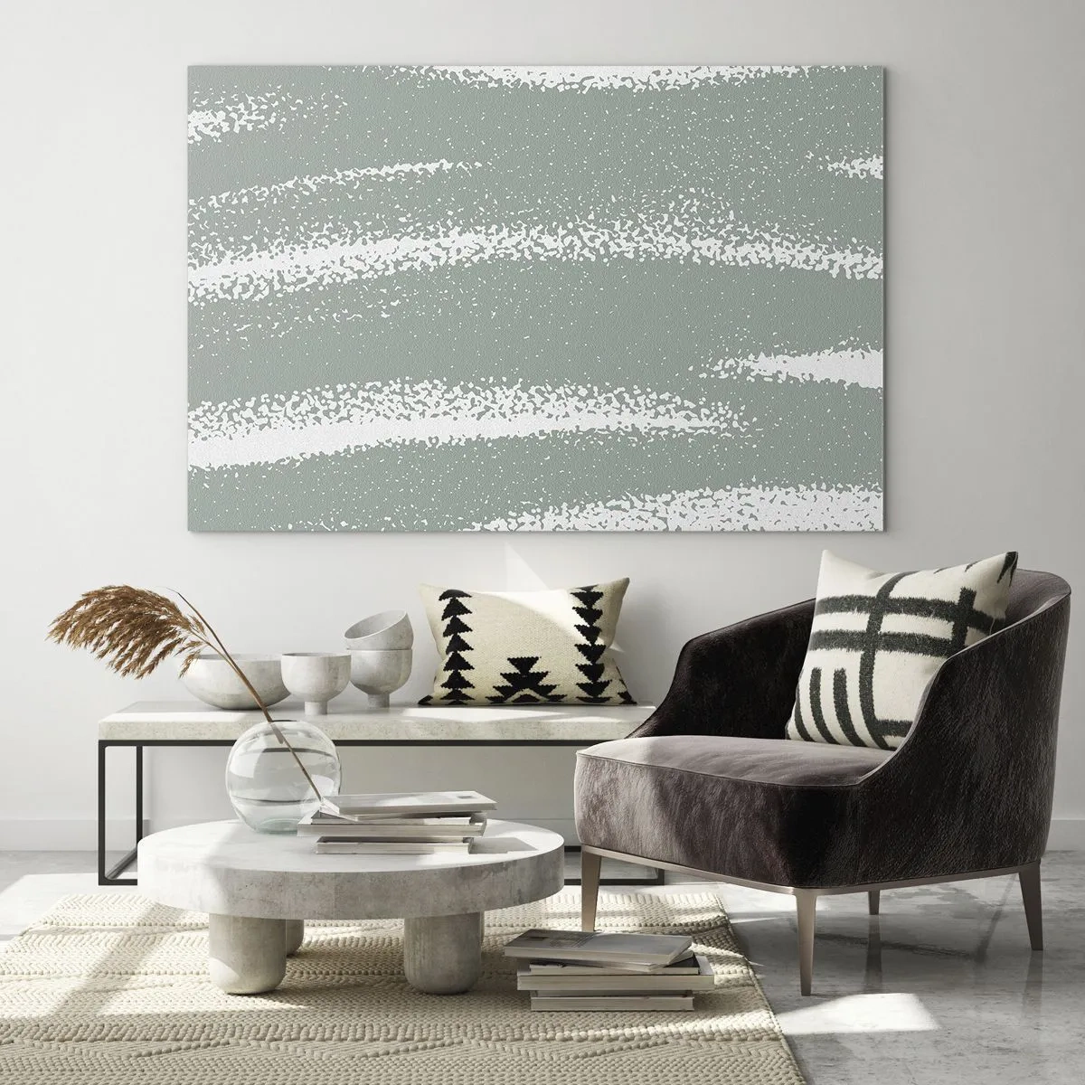 Obraz na szkle - Białe pasy na tle w kolorze chłodnej zieleni - 70x50cm - Abstrakcja w zimowym klimacie - Nowoczesna dekoracja ścienna do salonu i sypialni ARTTOR