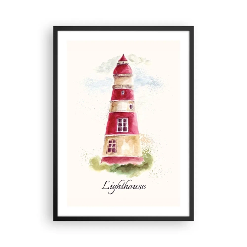 Plakat w czarnej ramie - Akwarelowa ilustracja latarni morskiej na jasnym tle - 50x70cm - Wokół zawsze pogoda - Nowoczesna dekoracja ścienna do salonu i sypialni ARTTOR