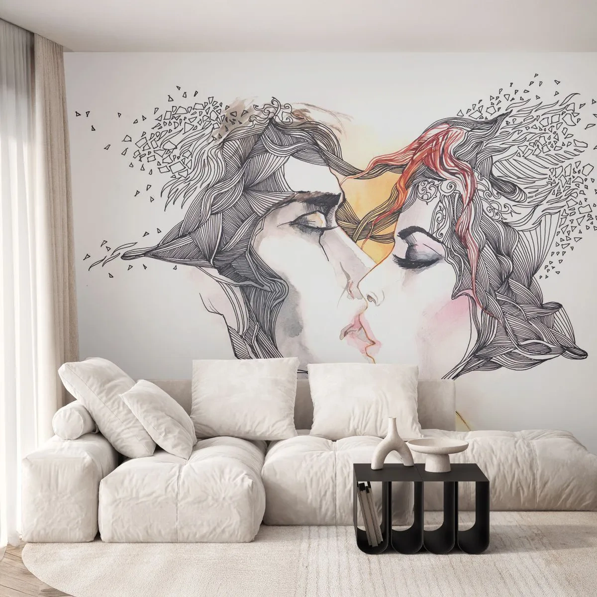 Fototapeta Premium Sand - Pocałunek w artystycznej ilustracji - 100x70cm - Świat nie istnieje - Nowoczesna dekoracja ścienna do salonu, kuchni i sypialni ARTTOR