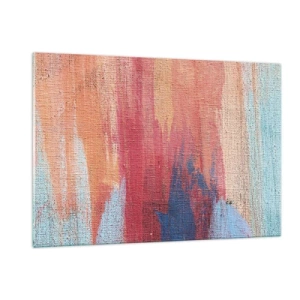 Obraz na szkle - Kolorowe smugi farby na płóciennej strukturze - 120x80cm - Spłynąć tęczą - Nowoczesna dekoracja ścienna do salonu, kuchni i sypialni ARTTOR