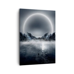 Obraz na płótnie - Mroczny krajobraz z monumentalnym świetlistym pierścieniem nad górami - 50x70cm - Finał opowieści - Nowoczesna dekoracja ścienna do salonu, kuchni i sypialni ARTTOR
