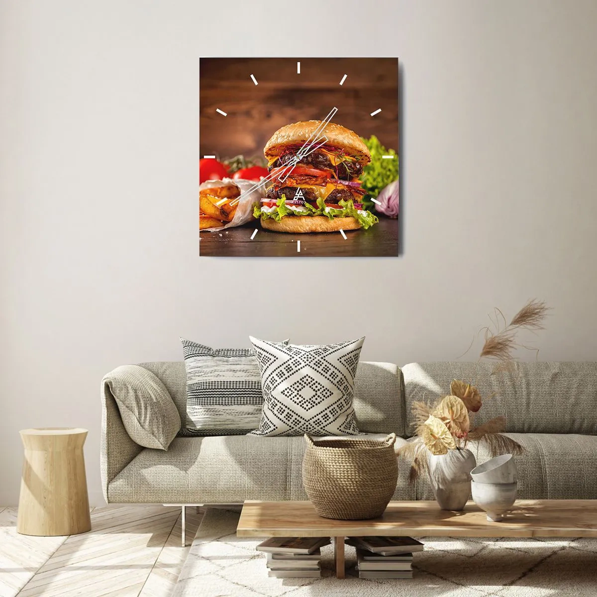 Zegar ścienny - Apetyczny burger z dodatkami - 30x30cm - Zakazany owoc - Nowoczesna dekoracja ścienna do salonu i sypialni ARTTOR