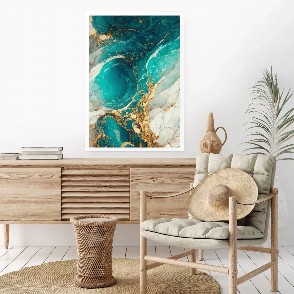 Plakat - Turkusowa abstrakcja z akcentami złota - 50x70cm - Kompozycja z żyłami złota - Nowoczesna dekoracja ścienna do salonu, kuchni i sypialni ARTTOR