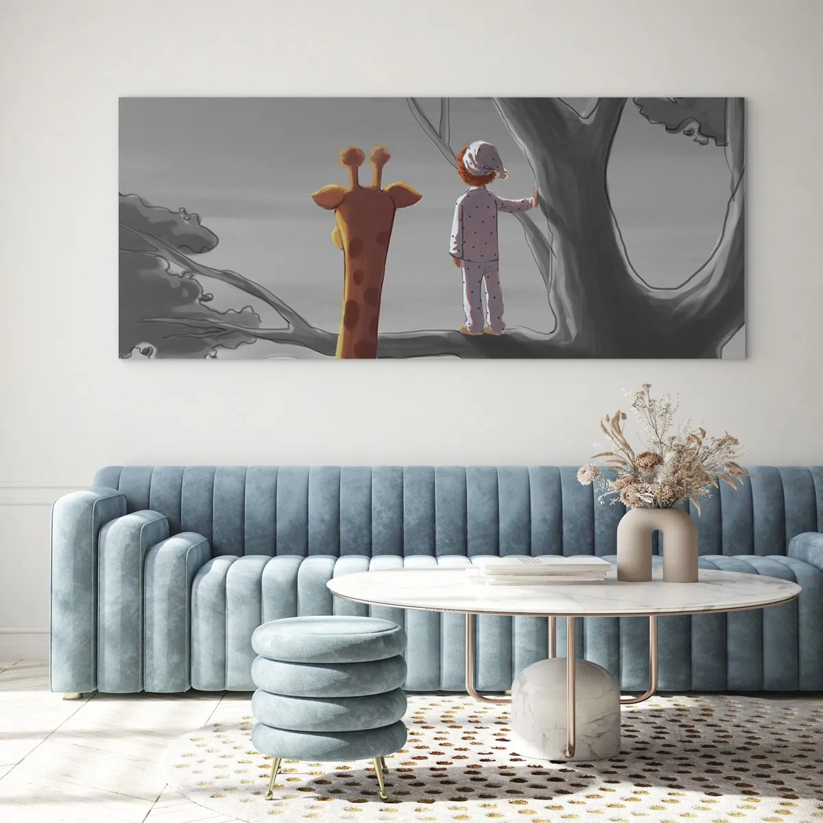 Obraz na szkle - Dziecko i żyrafa na gałęzi drzewa w bajkowym krajobrazie - 160x50cm - To się naprawdę dzieje - Nowoczesna dekoracja ścienna do salonu i sypialni ARTTOR