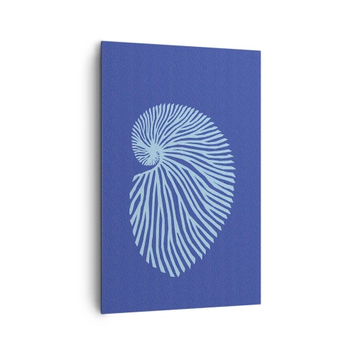 Obraz na płótnie - Minimalistyczna grafika muszli spiralnej w odcieniach błękitu na ciemnym tle - 80x120cm - Narodziny muszli - Nowoczesna dekoracja ścienna do salonu i sypialni ARTTOR