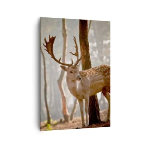Obraz na płótnie - Jeleń w lesie w porannej mgle - 70x100cm - Światło młodości - Nowoczesna dekoracja ścienna do salonu i sypialni ARTTOR