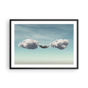 Plakat w czarnej ramie - Osoba relaksująca się w hamaku zawieszonym na chmurach - 70x50cm - Błogość chwili - Nowoczesna dekoracja ścienna do salonu i sypialni ARTTOR