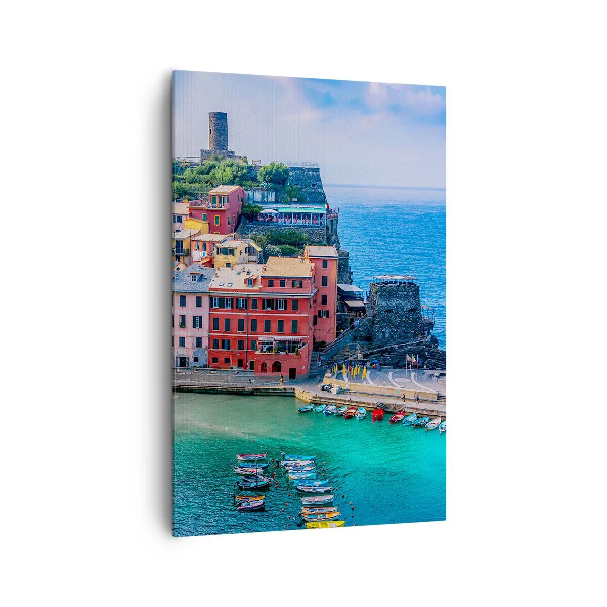 Obraz na płótnie - Kolorowe miasteczko nad morzem z malowniczym portem - 80x120cm - Śródziemnomorskie magiczne miasteczko - Nowoczesna dekoracja ścienna do salonu i sypialni ARTTOR
