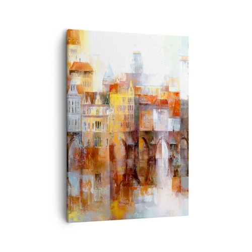 Obraz na płótnie - Abstrakcyjny widok miasta z mostem w ciepłych kolorach - 50x70cm - Pod mostem też pięknie - Nowoczesna dekoracja ścienna do salonu, kuchni i sypialni ARTTOR