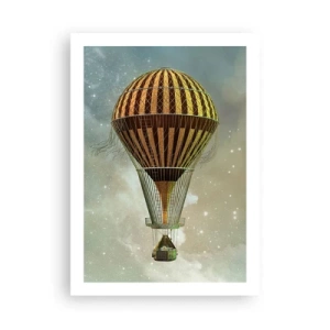Plakat - Złoty balon unoszący się w kosmicznej przestrzeni - 50x70cm - Pionierskie loty - Nowoczesna dekoracja ścienna do salonu, kuchni i sypialni ARTTOR