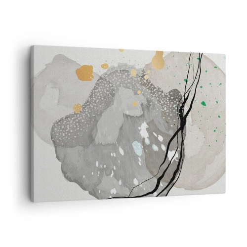 Obraz na płótnie - Organiczne kształty w szarościach z akcentami czerni i złota - 70x50cm - Kompozycja organiczna - Nowoczesna dekoracja ścienna do salonu i sypialni ARTTOR