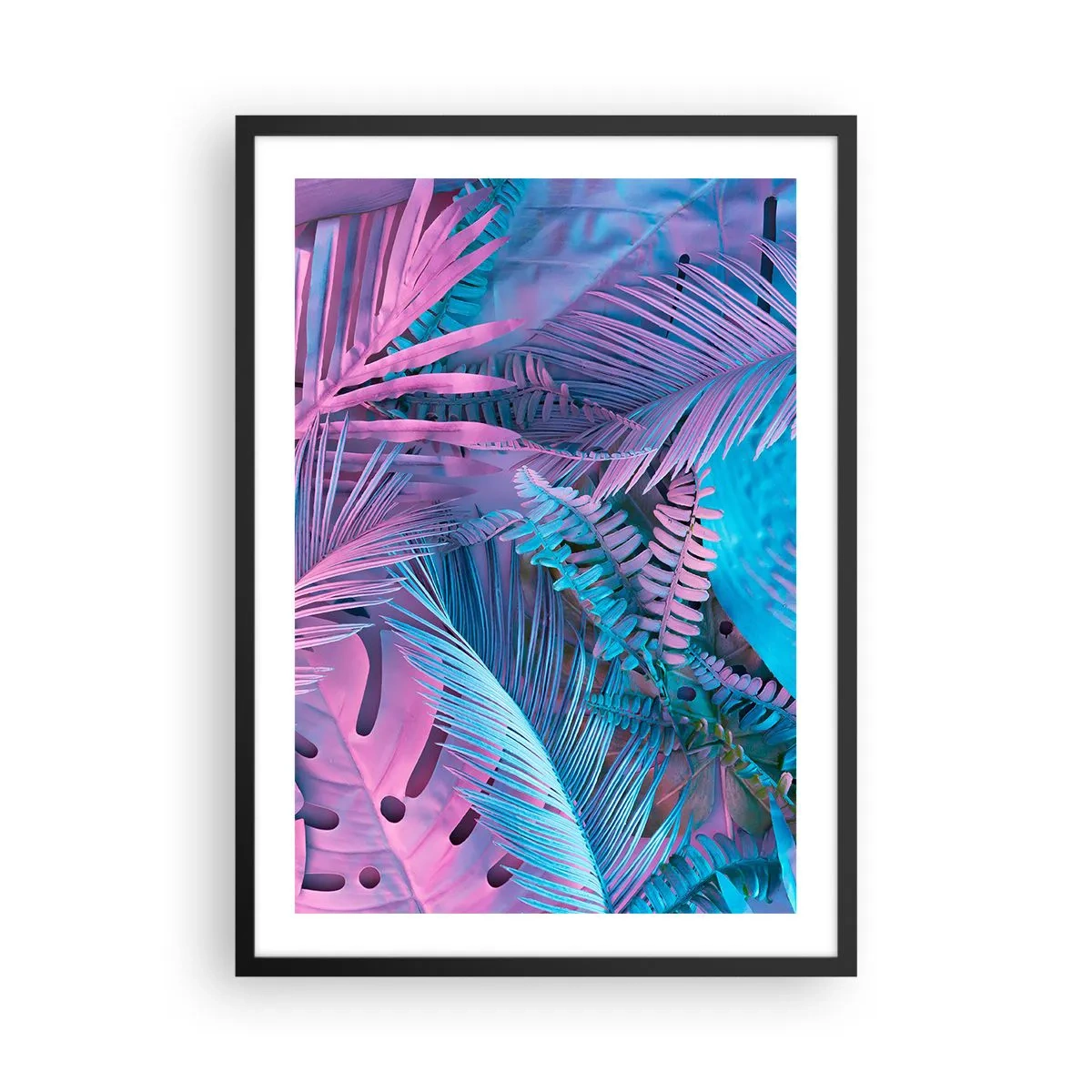 Plakat w czarnej ramie - Kolorowe liście tropikalne w neonowych odcieniach różu i błękitu - 50x70cm - Tropiki w różu i błękicie - Nowoczesna dekoracja ścienna do salonu i sypialni ARTTOR