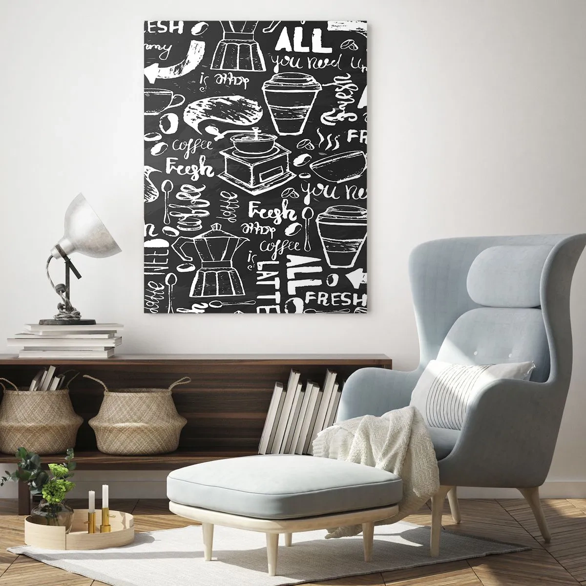 Obraz na szkle - Stylowa grafika kawowa na czarnym tle - 70x100cm - All you need is… - Nowoczesna dekoracja ścienna do salonu i sypialni ARTTOR