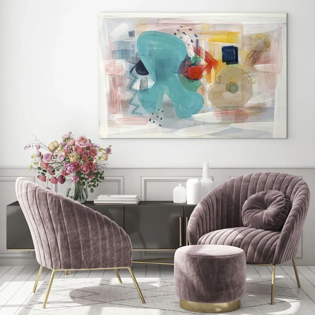 Obraz na szkle - Kolorowa abstrakcja z plamami turkusu, czerwieni i beżu - 70x50cm - Kolorowa gra - Nowoczesna dekoracja ścienna do salonu i sypialni ARTTOR