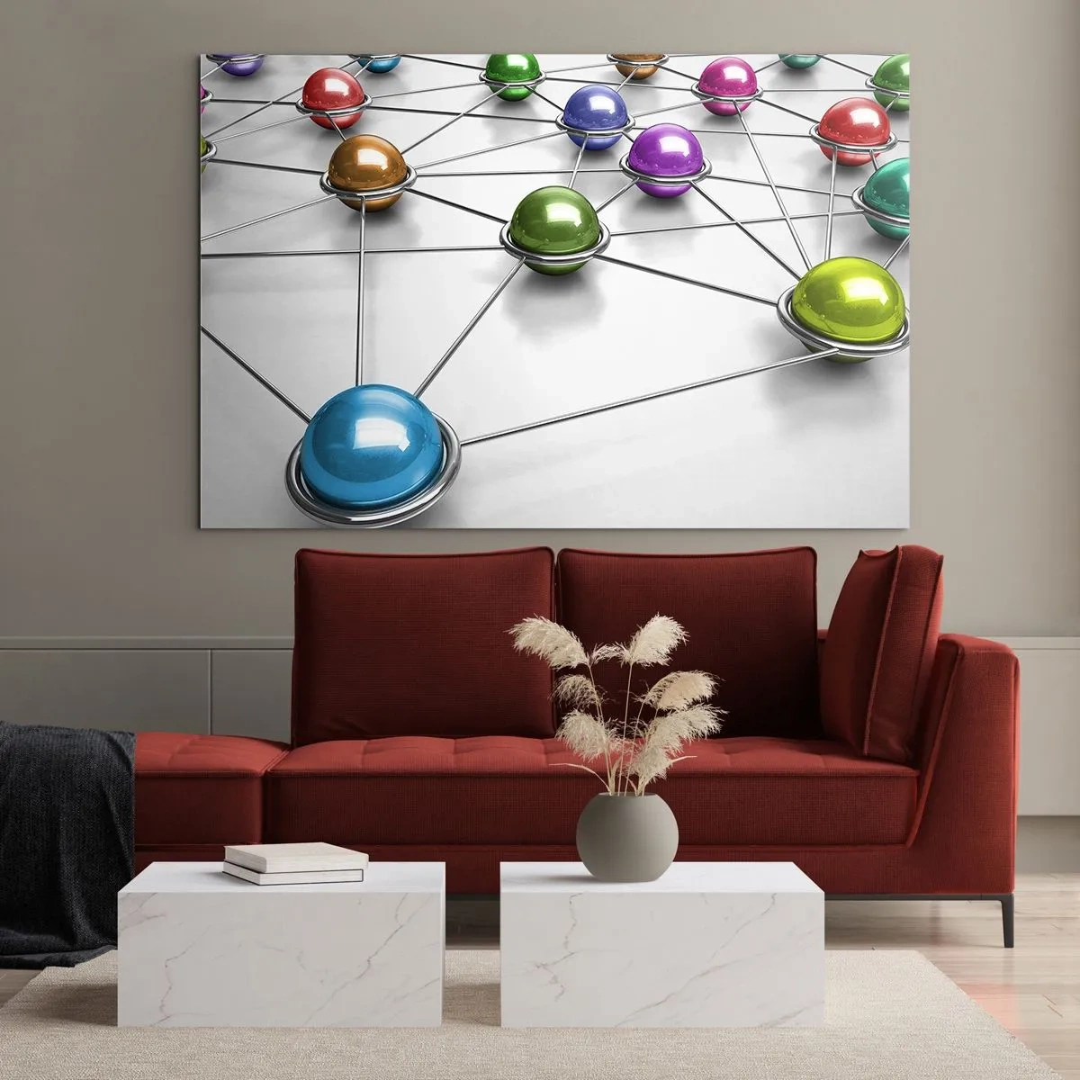 Obraz na szkle - Kolorowe kule połączone liniami na jasnym tle - 70x50cm - Kosmiczna pajęczyna - Nowoczesna dekoracja ścienna do salonu i sypialni ARTTOR