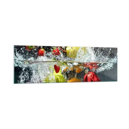 Obraz na szkle - Kolorowe owoce w wodzie podczas dynamicznego zanurzenia - 160x50cm - Owocowe orzeźwienie - Nowoczesna dekoracja ścienna do salonu i sypialni ARTTOR