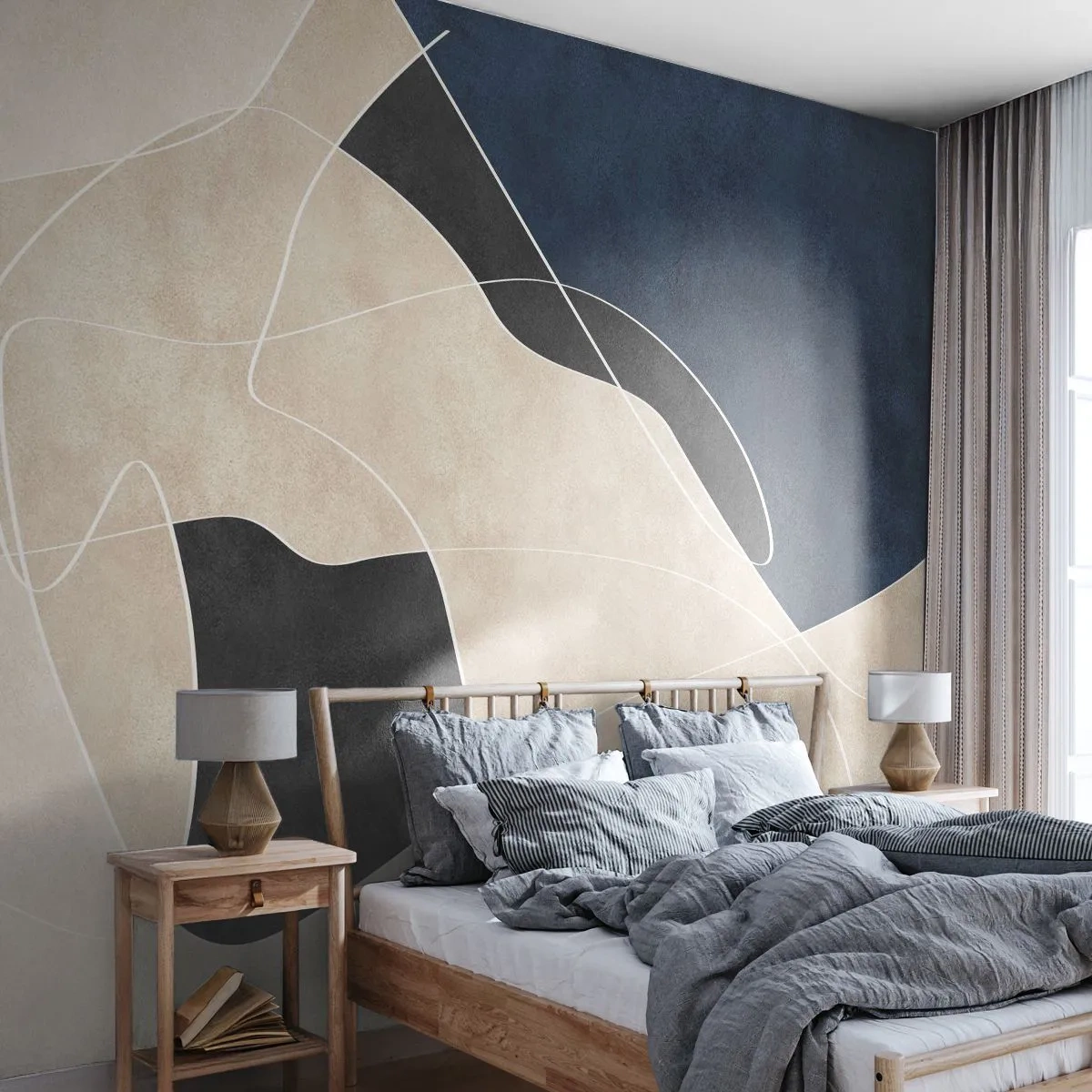 Fototapeta Premium Sand - Beżowo-czarna abstrakcja z granatem i białymi liniami - 100x70cm - Kompozycja abstrakcyjna – kontrast barw - Nowoczesna dekoracja ścienna do salonu, kuchni i sypialni ARTTOR