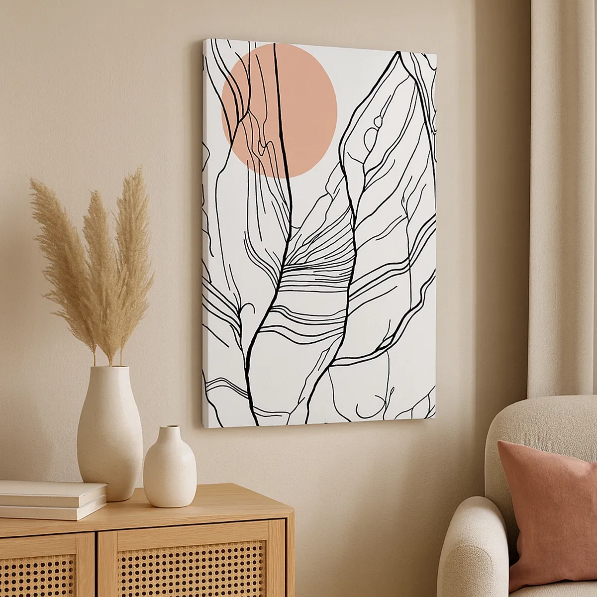 Obraz na płótnie - Graficzne liście w czarnym konturze z różowym kołem w tle - 50x70cm - W sieci gałązek - Nowoczesna dekoracja ścienna do salonu, kuchni i sypialni ARTTOR