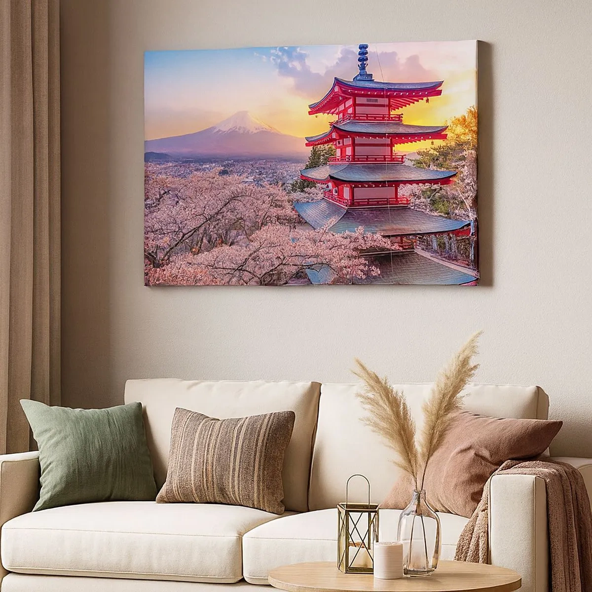 Obraz na płótnie - Pagoda w Japonii z kwitnącymi wiśniami i górą Fuji - 70x50cm - Esencja japońskiego ducha - Nowoczesna dekoracja ścienna do salonu i sypialni ARTTOR