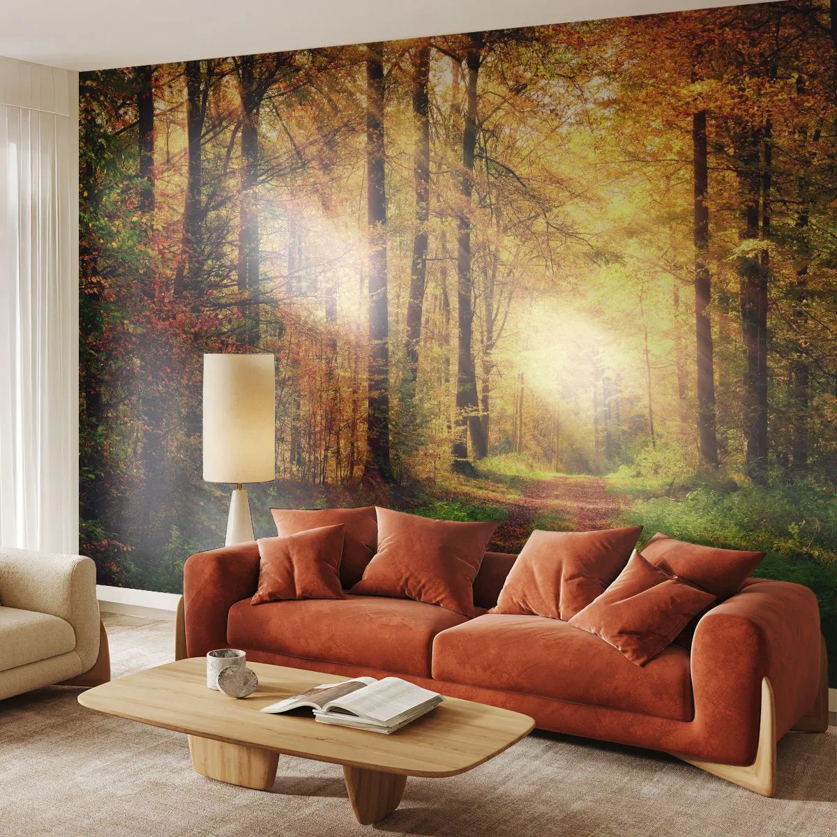 Fototapeta Premium Sand - Leśna ścieżka otoczona złotymi liśćmi w promieniach słońca - 100x70cm - Leśno-złota cisza - Nowoczesna dekoracja ścienna do salonu, kuchni i sypialni ARTTOR