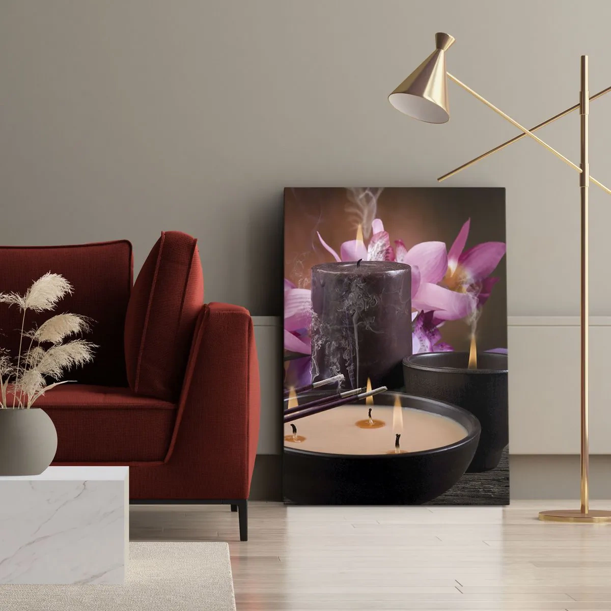 Obraz na płótnie - Figurka Buddy z zapalonymi świecami i kadzidełkami - 80x120cm - Oczyścić umysł, uspokoić ciało - Nowoczesna dekoracja ścienna do salonu i sypialni ARTTOR