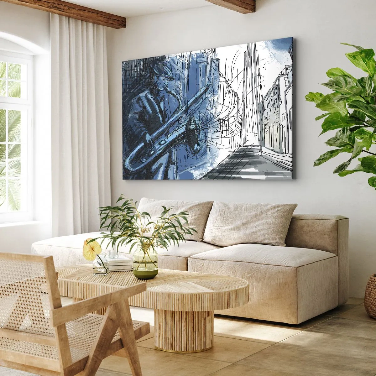 Obraz na płótnie - Postać grająca na saksofonie na tle miasta - 70x50cm - Miejska rapsodia - Nowoczesna dekoracja ścienna do salonu i sypialni ARTTOR