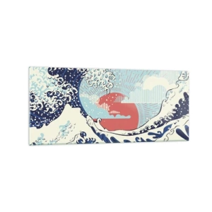 Obraz na szkle - Fale oceanu i zachodzące słońce w stylu japońskim - 120x50cm - Z japońskich inspiracji - Nowoczesna dekoracja ścienna do salonu i sypialni ARTTOR