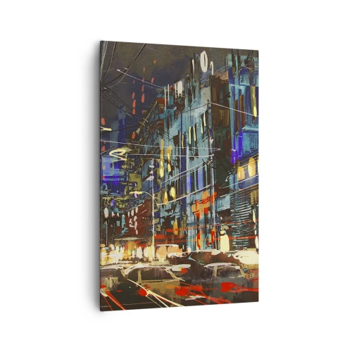 Obraz na płótnie - Miejska nocna scena z neonami - 80x120cm - Wieczorny gwar ulicy - Nowoczesna dekoracja ścienna do salonu i sypialni ARTTOR