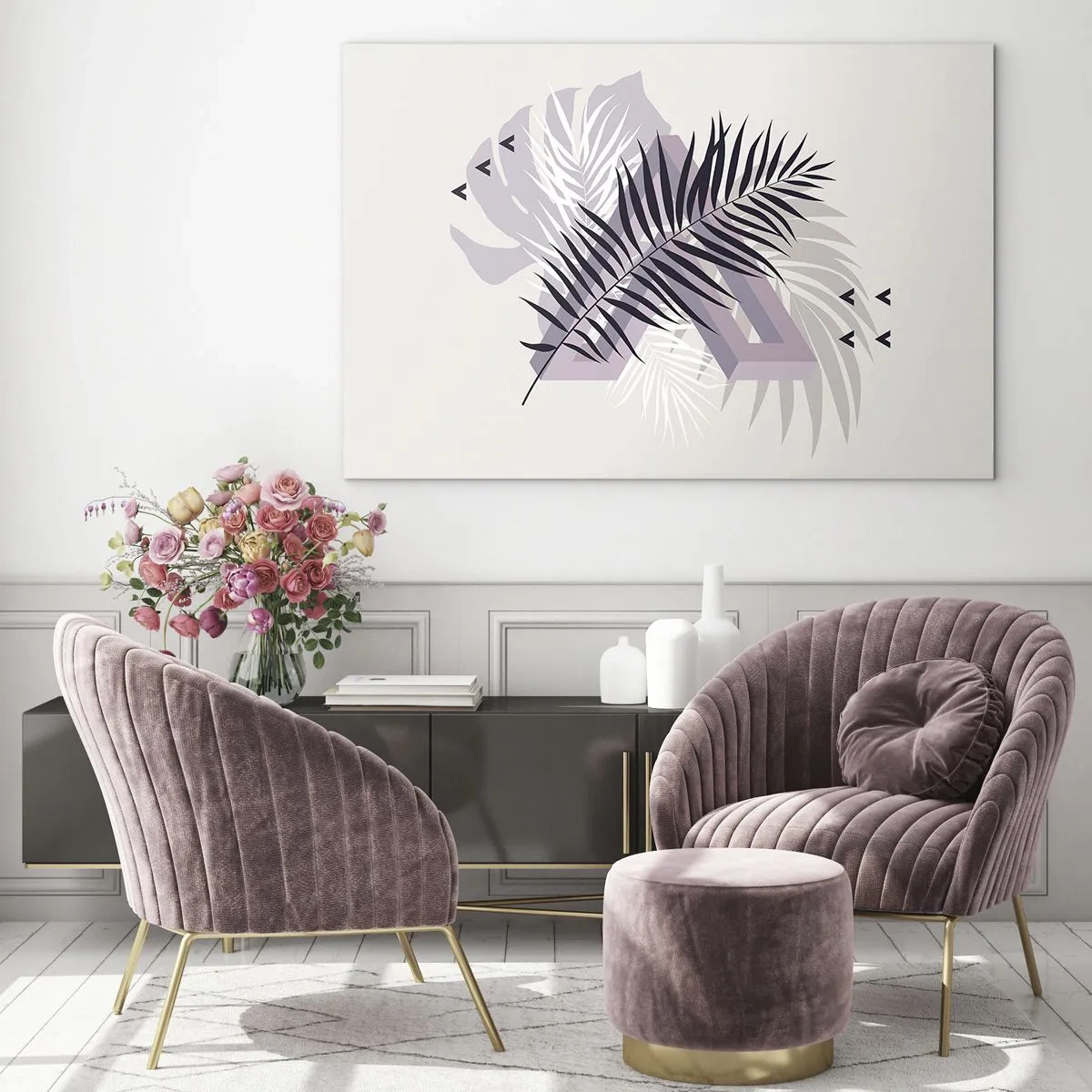 Obraz na szkle - Minimalistyczna kompozycja z liśćmi palmy i geometrycznymi kształtami - 70x50cm - Cień cienia - Nowoczesna dekoracja ścienna do salonu i sypialni ARTTOR