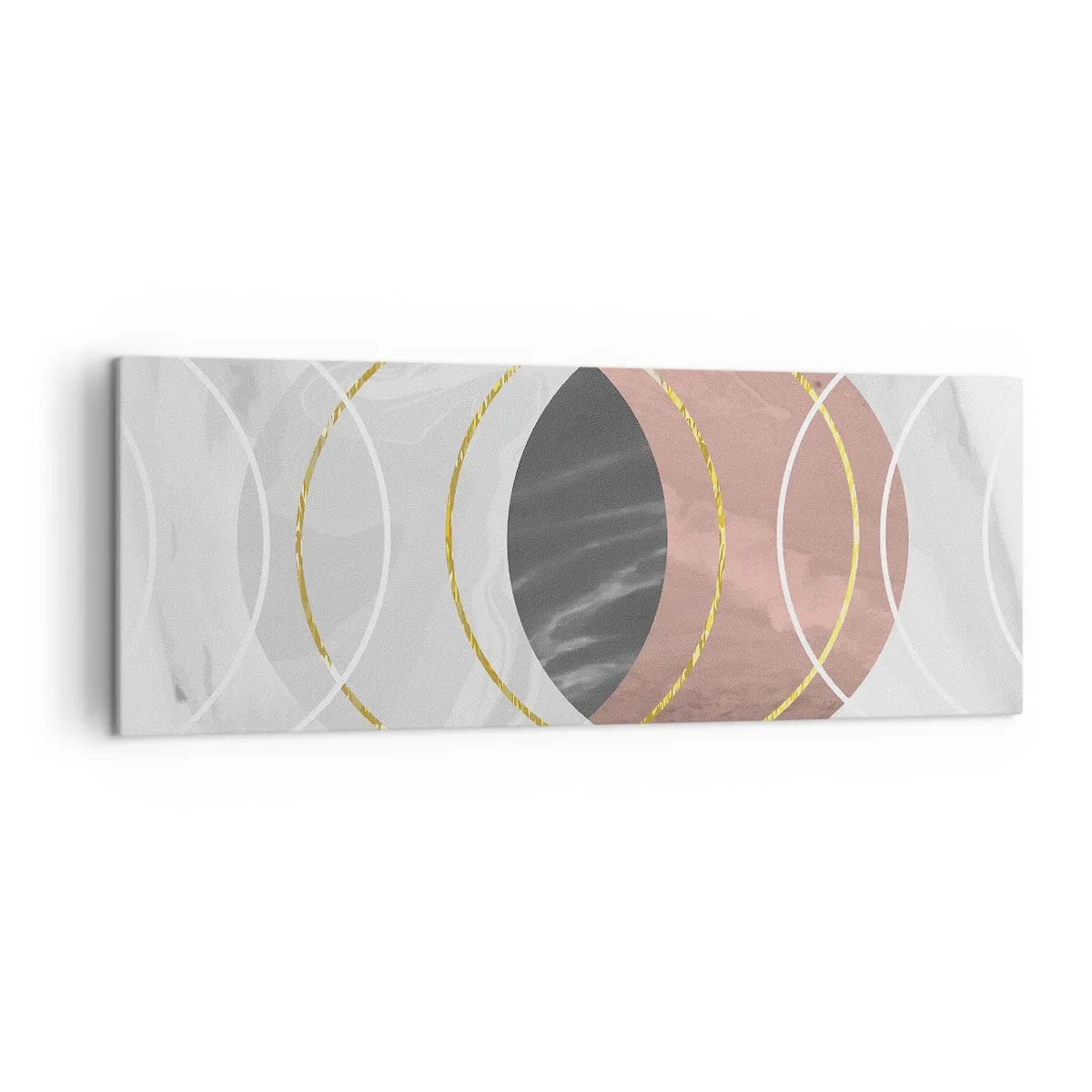 Obraz na płótnie - Abstrakcyjna kompozycja geometryczna z kołami i metalicznymi detalami - 140x50cm - Muzyka sfer - Nowoczesna dekoracja ścienna do salonu i sypialni ARTTOR