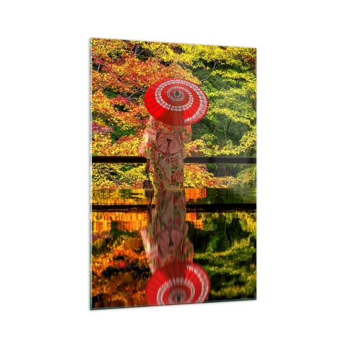 Obraz na szkle - Kobieta w kimonie z parasolem na tle jesiennego krajobrazu - 70x100cm - W świątyni natury - Nowoczesna dekoracja ścienna do salonu i sypialni ARTTOR