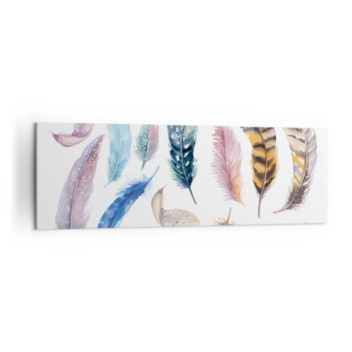 Obraz na płótnie - Kolorowe pióra w delikatnym akwarelowym stylu - 160x50cm - Lekkie, pstrokate i wielobarwne - Nowoczesna dekoracja ścienna do salonu i sypialni ARTTOR