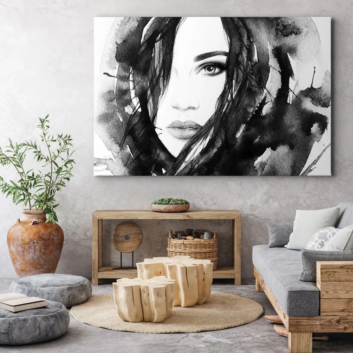 Obraz na płótnie - Portret kobiety w czarno-białej akwareli - 70x50cm - Portret damy w czerni i bieli - Nowoczesna dekoracja ścienna do salonu i sypialni ARTTOR