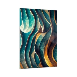 Obraz na szkle - Abstrakcyjne fale w odcieniach turkusu i złota - 80x120cm - Meandry błękitu - Nowoczesna dekoracja ścienna do salonu i sypialni ARTTOR