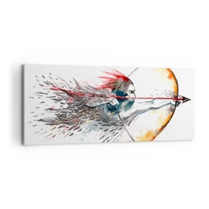 Obraz na płótnie - Dynamiczna akwarela wojownika z łukiem i strzałą - 120x50cm - Mityczny wojownik z ognistym łukiem - Nowoczesna dekoracja ścienna do salonu i sypialni ARTTOR