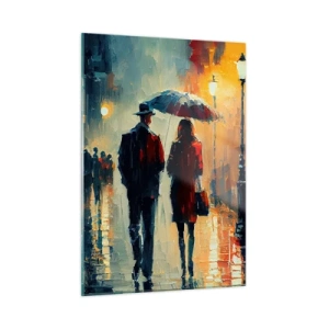 Obraz na szkle - Para z parasolem spacerująca nocą po mokrej ulicy - 50x70cm - Miejska love story - Nowoczesna dekoracja ścienna do salonu, kuchni i sypialni ARTTOR