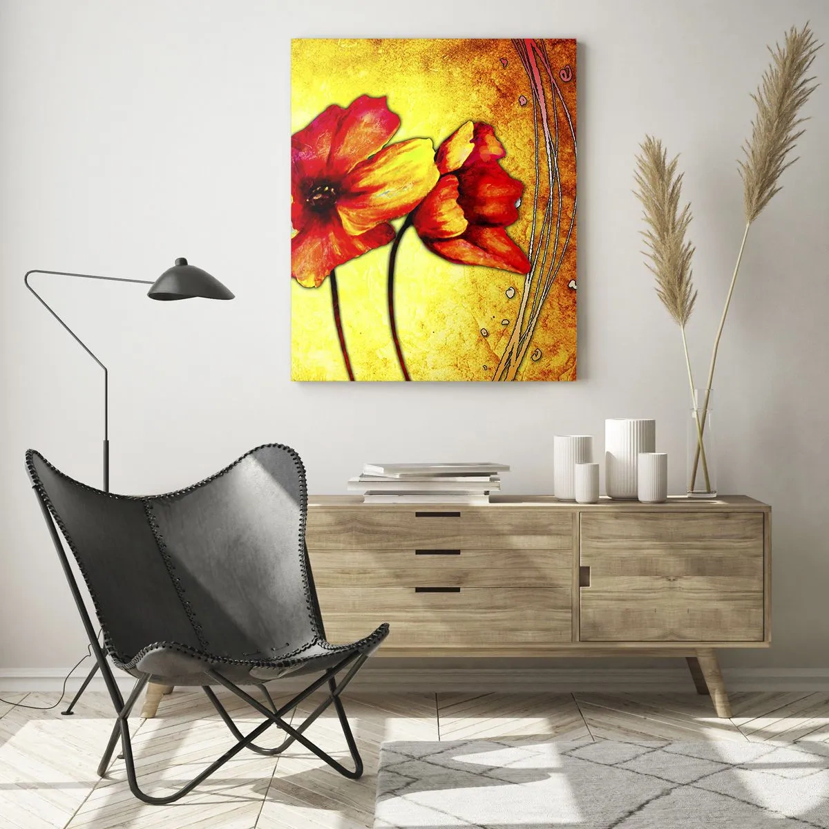 Obraz na szkle - Czerwone maki na tle złocistych odcieni z artystycznymi detalami - 50x70cm - W secesyjnej dekoracji - Nowoczesna dekoracja ścienna do salonu, kuchni i sypialni ARTTOR