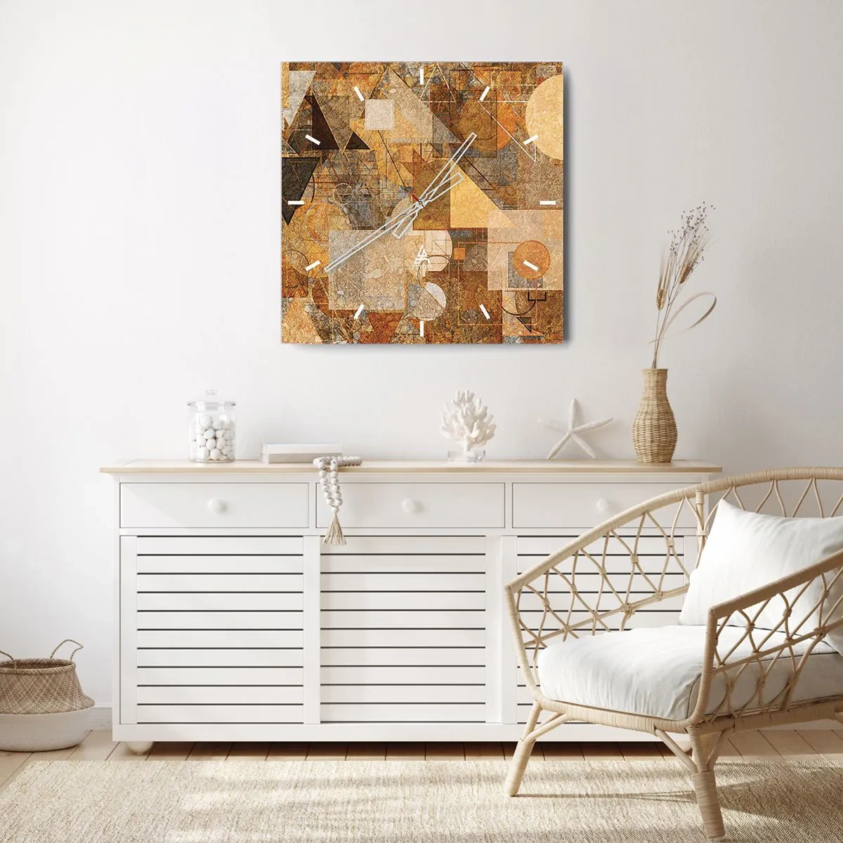 Zegar ścienny - Abstrakcyjne geometryczne figury w ciepłych odcieniach - 30x30cm - Kubistyczne studium brązu - Nowoczesna dekoracja ścienna do salonu i sypialni ARTTOR