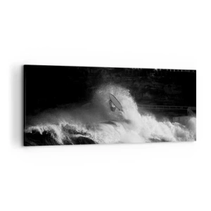 Obraz na płótnie - Surfer na fali w monochromatycznym ujęciu - 120x50cm - Wyzwanie przyjęte! - Nowoczesna dekoracja ścienna do salonu i sypialni ARTTOR