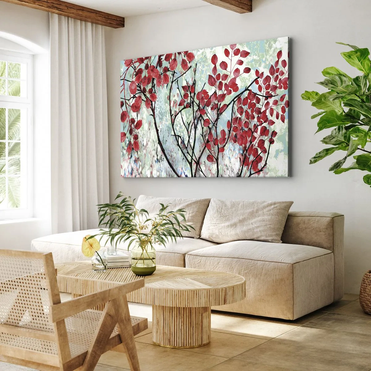 Obraz na płótnie - Czerwone liście na tle jasnego nieba z abstrakcyjnymi wzorami - 70x50cm - Drzewo w szkarłacie - Nowoczesna dekoracja ścienna do salonu i sypialni ARTTOR