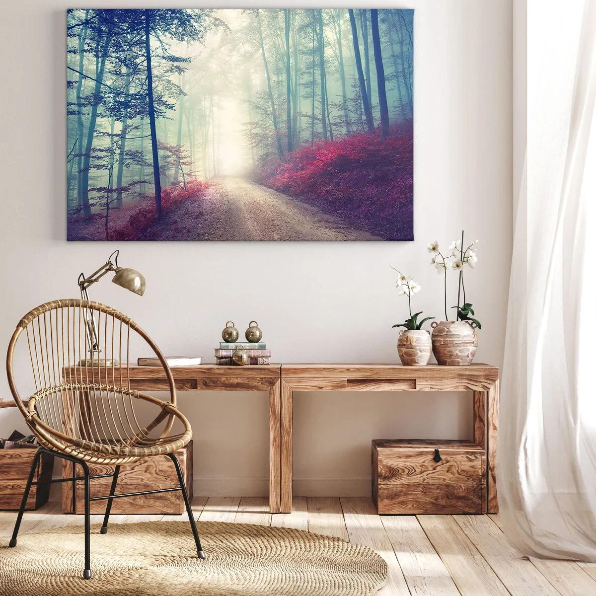 Obraz na płótnie - Magiczna ścieżka leśna otoczona drzewami i mgłą - 120x80cm - Jak dobrze wstać skoro świt - Nowoczesna dekoracja ścienna do salonu, kuchni i sypialni ARTTOR