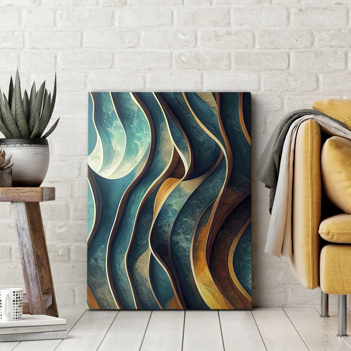 Obraz na płótnie - Abstrakcyjne fale w odcieniach turkusu i złota - 80x120cm - Meandry błękitu - Nowoczesna dekoracja ścienna do salonu i sypialni ARTTOR