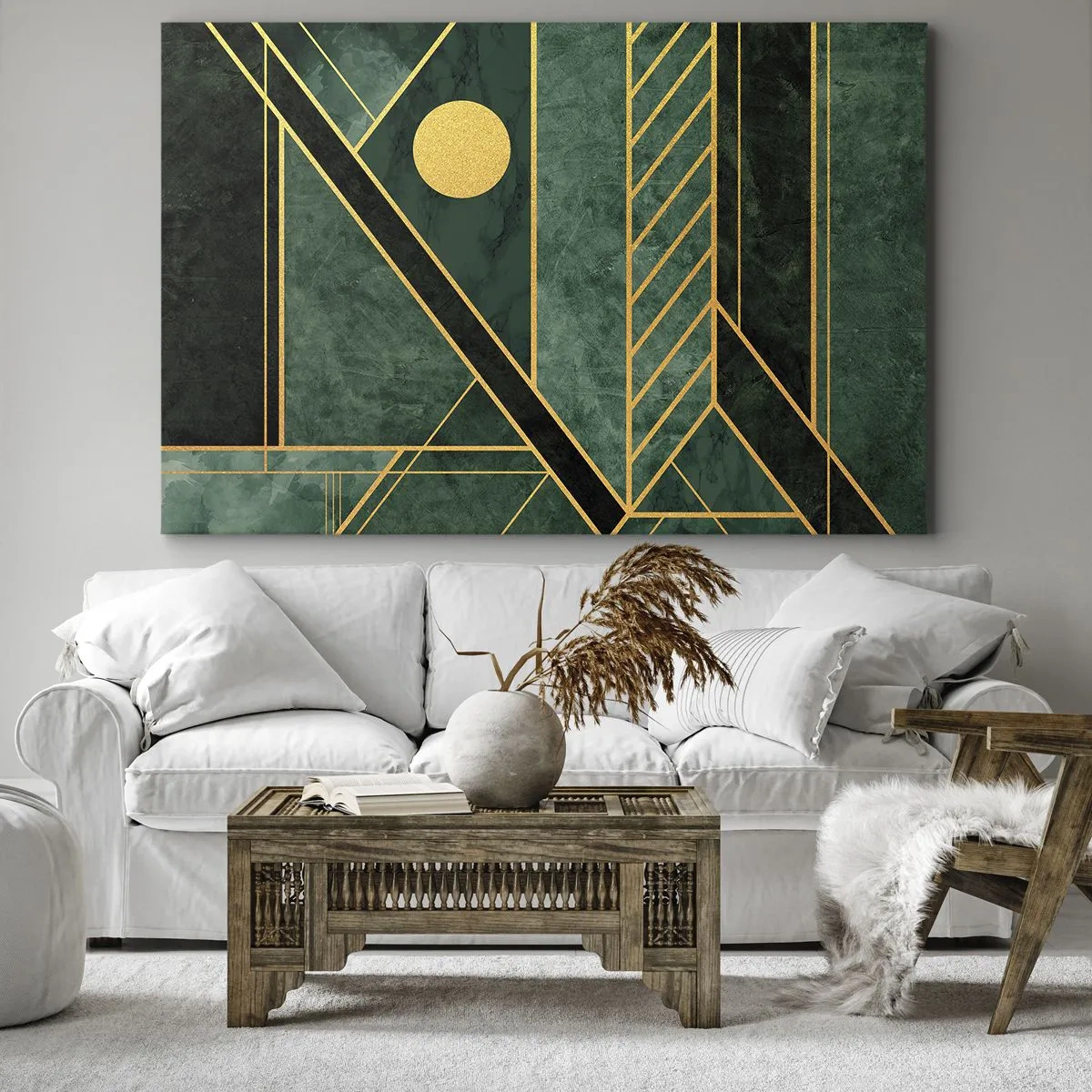 Obraz na płótnie - Geometria w zieleni i złocie z eleganckim wzorem - 70x50cm - Dynamika złota i lazuru - Nowoczesna dekoracja ścienna do salonu i sypialni ARTTOR