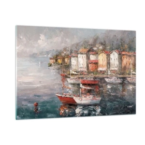 Obraz na szkle - Malowniczy port z żaglówkami i kolorowymi domkami - 120x80cm - Romantyczna przystań - Nowoczesna dekoracja ścienna do salonu, kuchni i sypialni ARTTOR