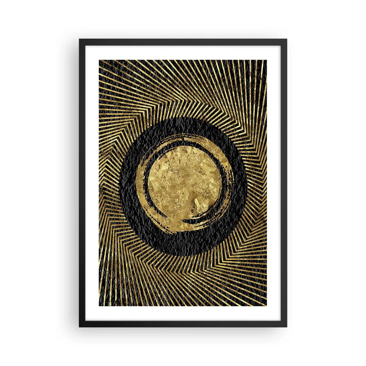 Plakat w czarnej ramie - Złota geometryczna abstrakcja na czarnym tle - 50x70cm - Kompozycja glamour - Nowoczesna dekoracja ścienna do salonu i sypialni ARTTOR