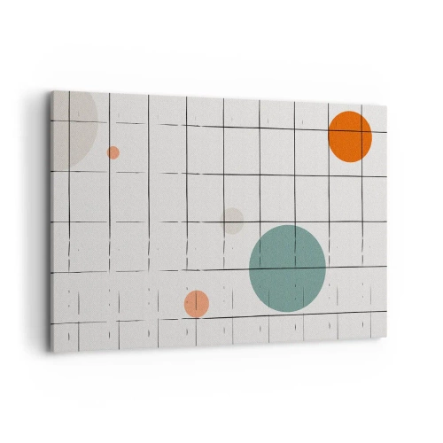 Obraz na płótnie - Abstrakcyjne okręgi w kolorach na tle geometrycznej siatki - 120x80cm - Uwięzione. My czy one? - Nowoczesna dekoracja ścienna do salonu, kuchni i sypialni ARTTOR