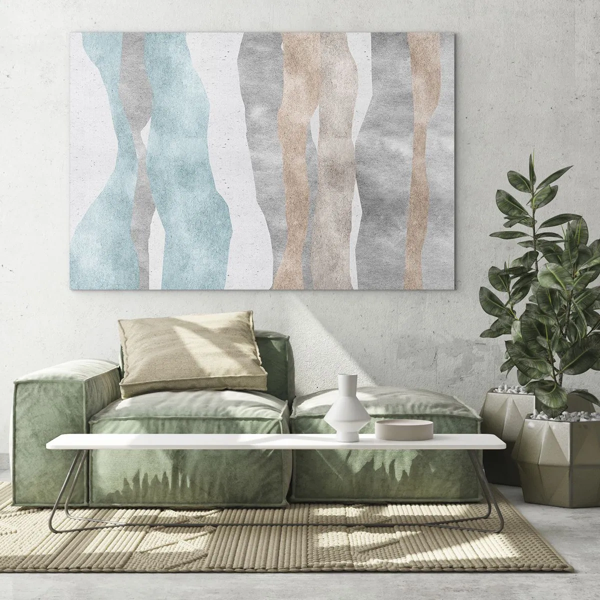 Obraz na szkle - Delikatne pasy w odcieniach beżu i błękitu - 100x70cm - Studium bliskości - Nowoczesna dekoracja ścienna do salonu, kuchni i sypialni ARTTOR